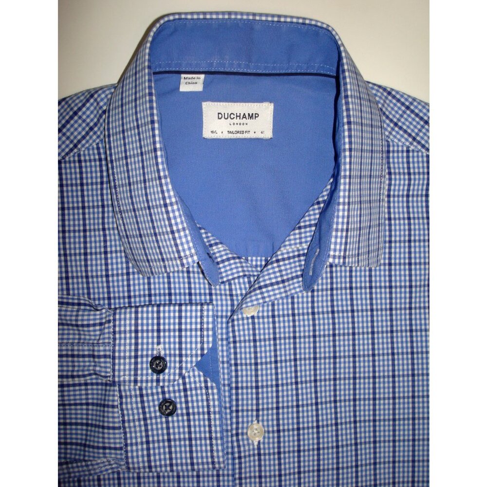 DUCHAMP LONDON "Tailored Fit" Blue & White Checked Long Sleeve Poplin Shirt